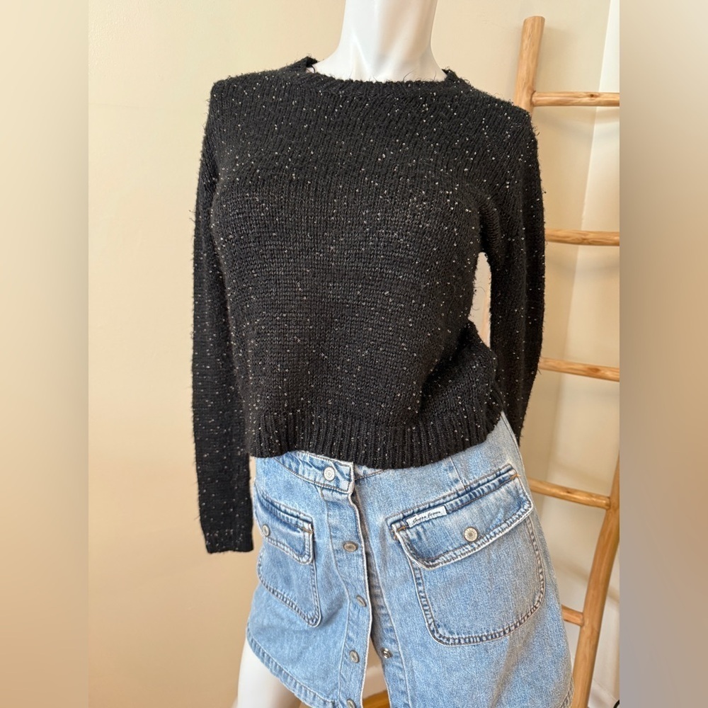Topshop Sparkly Bead Embellished Crewneck Black Knit Sweater Size 4/Small